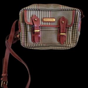 ⭐️POLO RALPH LAUREN Authentic Houndstooth Brown Canvas & Leather Trim Crossbody